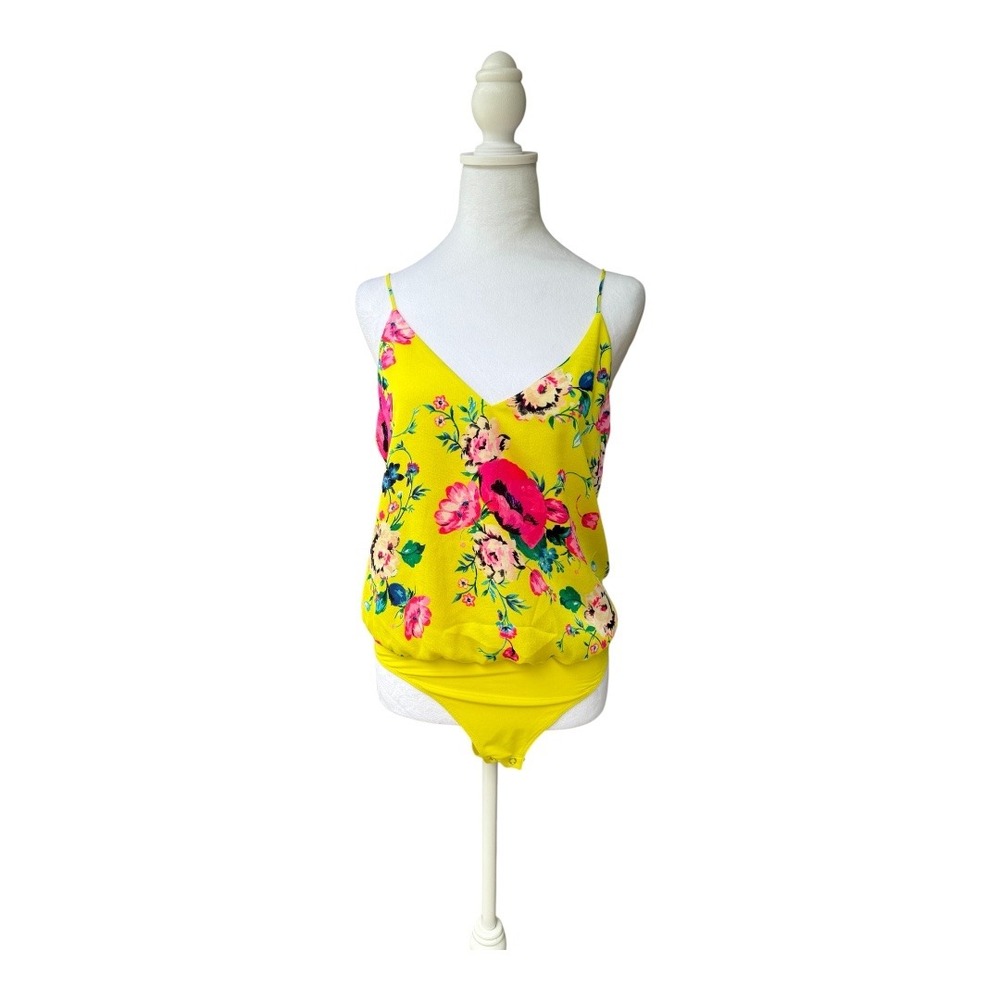 Express Floral Bodysuit V-Neck Sleeveless Bright‎ Yellow Summer Top Size S